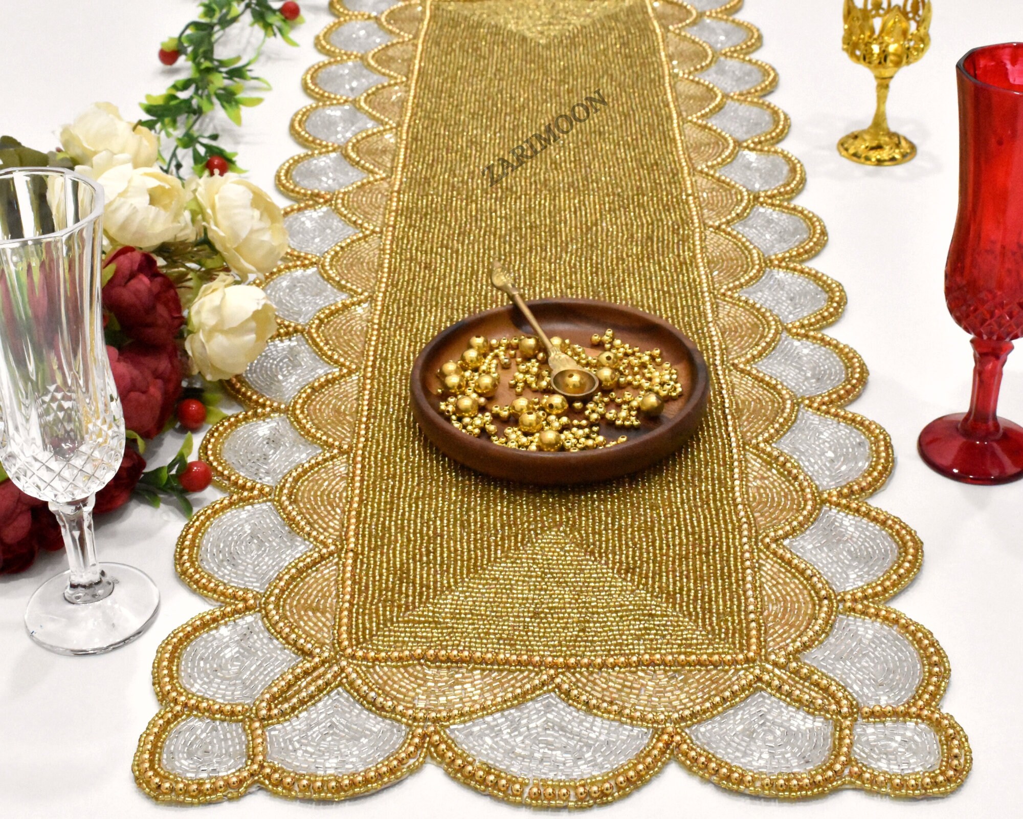 ALL SIZES Gold Silver Handmade Table Runner, Luxury Beaded Mat