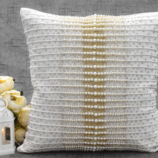 ALL SIZES Pearl Gradation Bead Throw Pillow Cover Velvet White and Gold  Luxury Contemporary Modern Pillow Cover Hand Embroidery Embellished