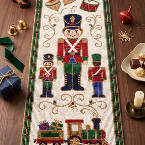 Beaded Christmas Table Runner, Navy Blue Holiday Dining Decor, Hand Beaded Christmas Bells Table Runner, Festive Winter Dining Table Runner,
