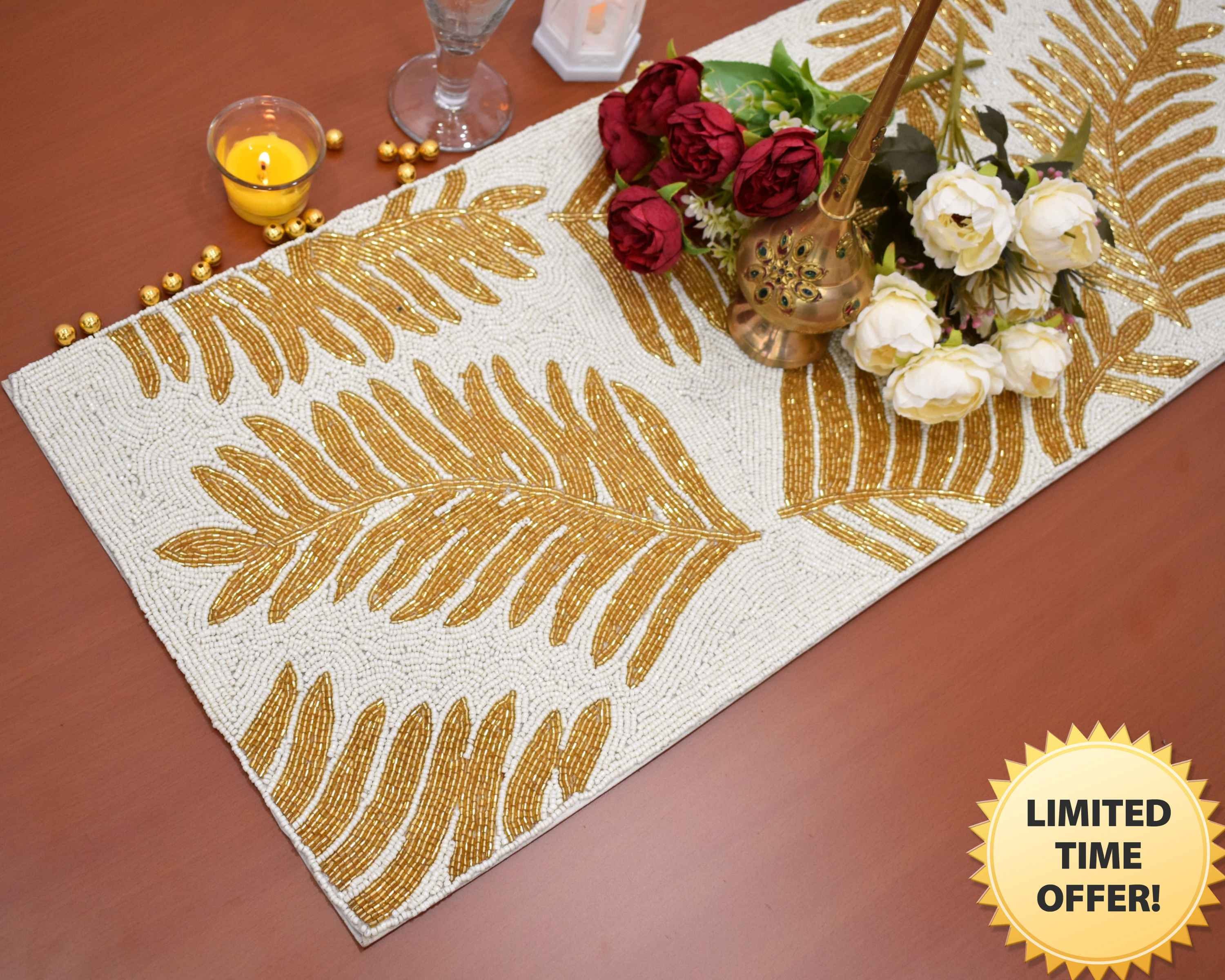 ALL SIZES Handmade Bead Table Runner, White and Gold, Palm Leaf