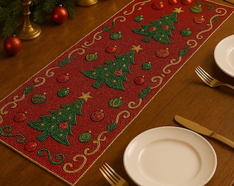Christmas Tree Beaded Table Runner 13x36 | Handmade Holiday Centerpiece | Red and Green Beaded Christmas Table Decor | Festive Table Runner