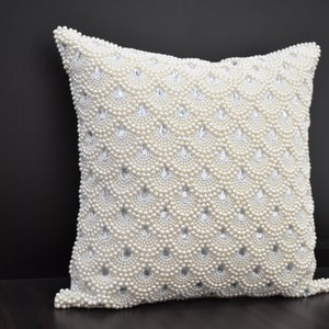 White Pearl Beaded Pillow Cover Luxury Contemporary Beaded Pillow Cover Hand Embroidered Embellished toss Custom Accent Personalised Gift image 2