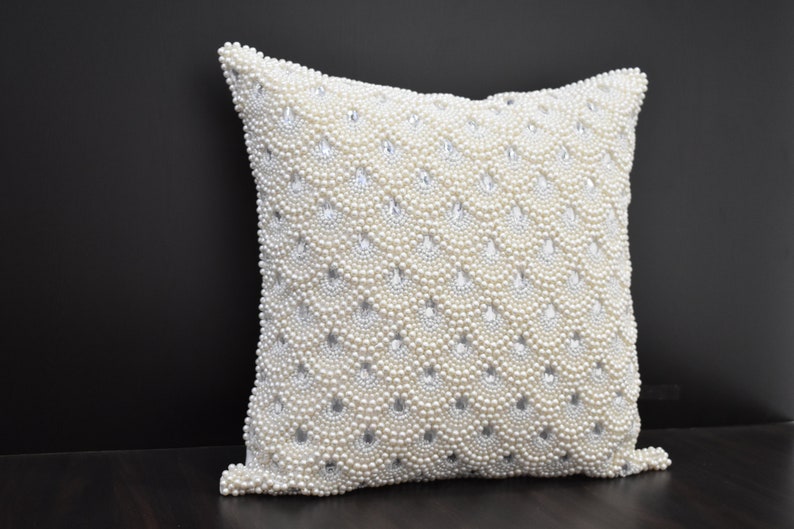 White Pearl Beaded Pillow Cover Luxury Contemporary Beaded Pillow Cover Hand Embroidered Embellished toss Custom Accent Personalised Gift image 2