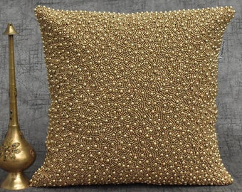 ALL SIZES Gold Beaded Pillow Cover Pearl Handmade Luxury Contemporary Beaded Embroidered Embellished Custom Accent Cushion
