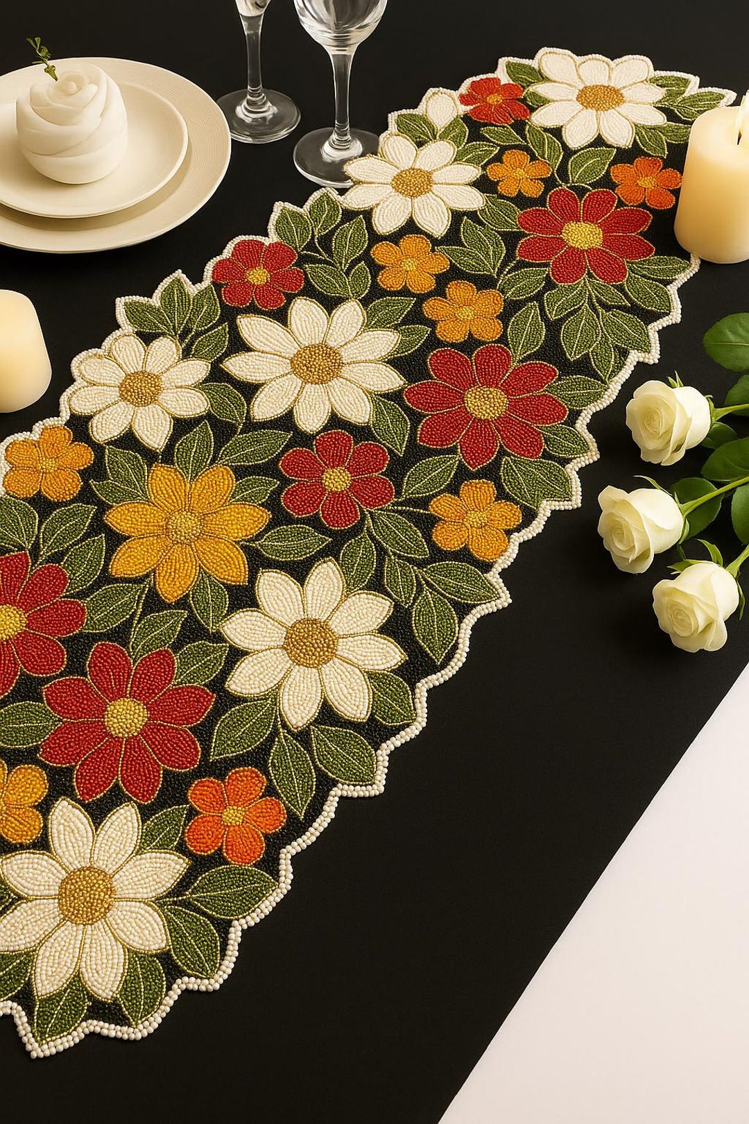Floral Beaded Table Runner 13x36 | Handmade Multicolor Beaded Runner ...