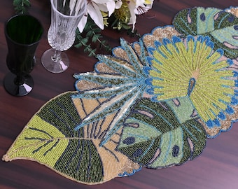 Handmade table runner, green floral and leaf spring beaded table runner, table mat, beaded charger, 13x36inch table decore gift Gift