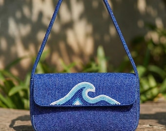 Ocean Wave Hand-Beaded Shoulder Bag - Cobalt Blue, Cyan, and White Nautical Purse