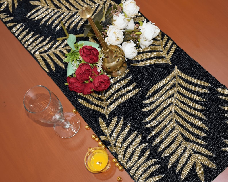 Black Gold Handmade Table Runner, Gold and Black, Hand Beaded Runner ...