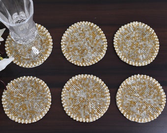 Beaded Coasters Set of 6: Gold, Silver & White Drink  display picture 3