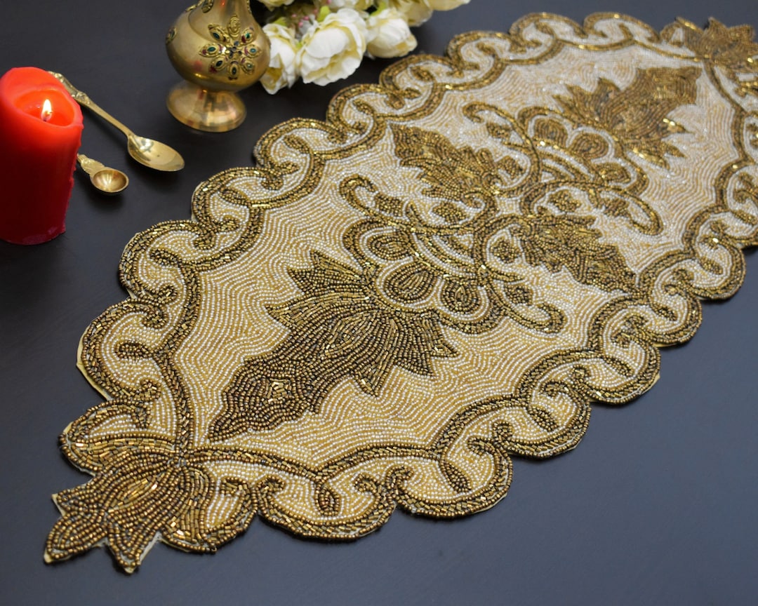 ALL SIZES Handmade Bead Table Runner, Gold, Hand Beaded Runner ...