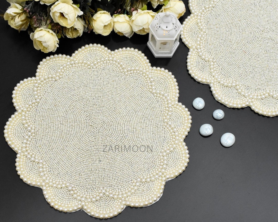 Pearl White Beaded Placemat, Luxury Placemat, Table Mat, Charger Plate