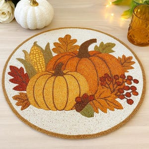 SET OF 2 Handmade Pumpkin Beaded Placemat for Fall Table Decor, Thanksgiving Beaded Table Mat with Autumn Leaves for Harvest Dining and Home