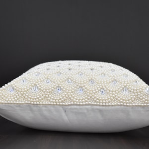 White Pearl Beaded Pillow Cover Luxury Contemporary Beaded Pillow Cover Hand Embroidered Embellished toss Custom Accent Personalised Gift image 3