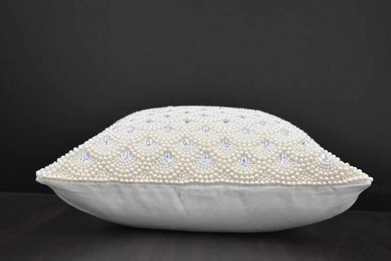 White Pearl Beaded Pillow Cover Luxury Contemporary Beaded Pillow Cover Hand Embroidered Embellished toss Custom Accent Personalised Gift image 3