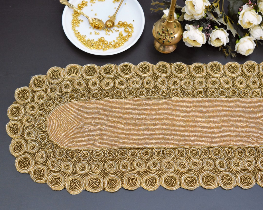 Handmade Bead Table Runner, Gold and Peach, Hand Beaded Runner ...