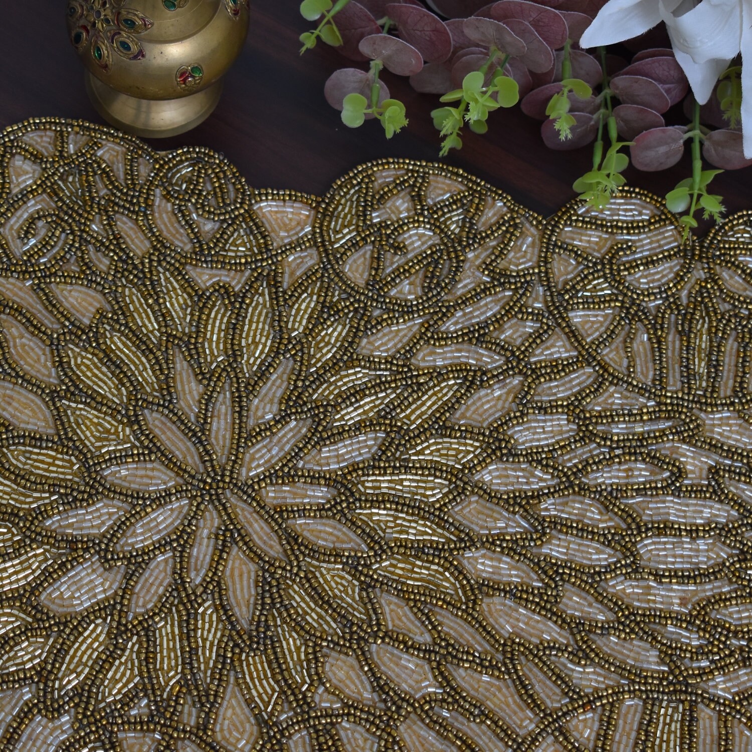 Handmade Bead Table Runner, Gold Table Mat, Hand Beaded Runner ...