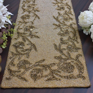 handmade bead table runner, gold table mat, hand beaded runner, 13x36inch runner