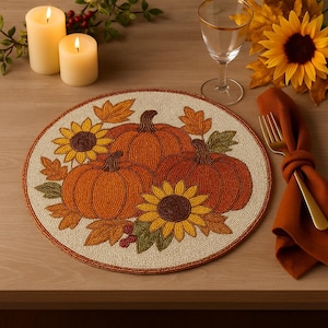 SET OF 2 Pumpkin and Sunflower Beaded Placemat for Fall Table Decor, Handmade Autumn Beaded Table Mat with Leaves for Thanksgiving
