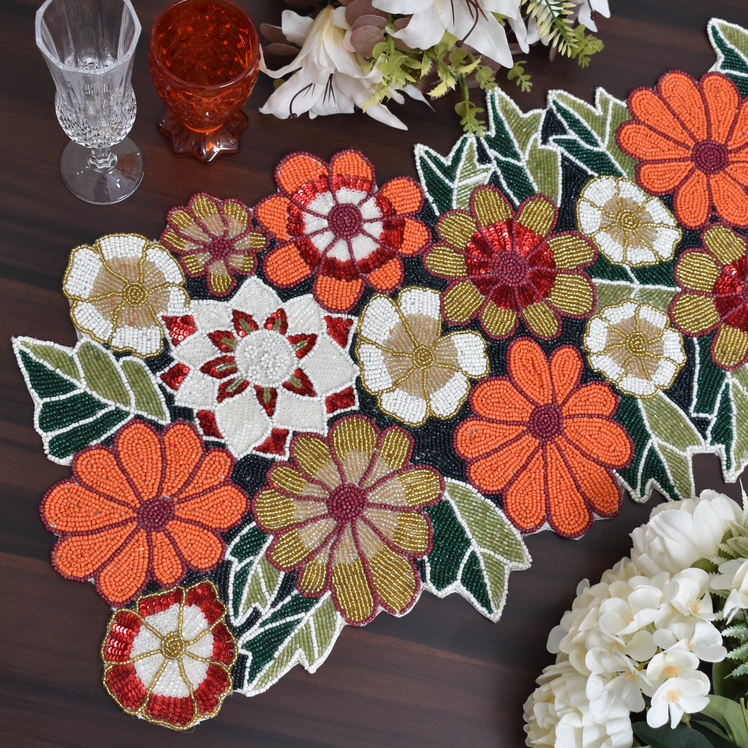 Handmade Table Runner, Floral Spring Beaded Table Runner
