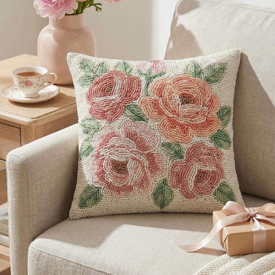 ALL SIZES Cream, Peach, and Rose Pink Floral Beaded Rose Decorative ...