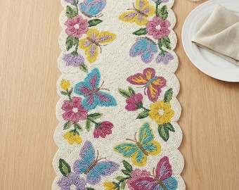 ALL SIZES Colorful Butterfly & Floral Beaded Table Runner - Handcrafted Spring Decor