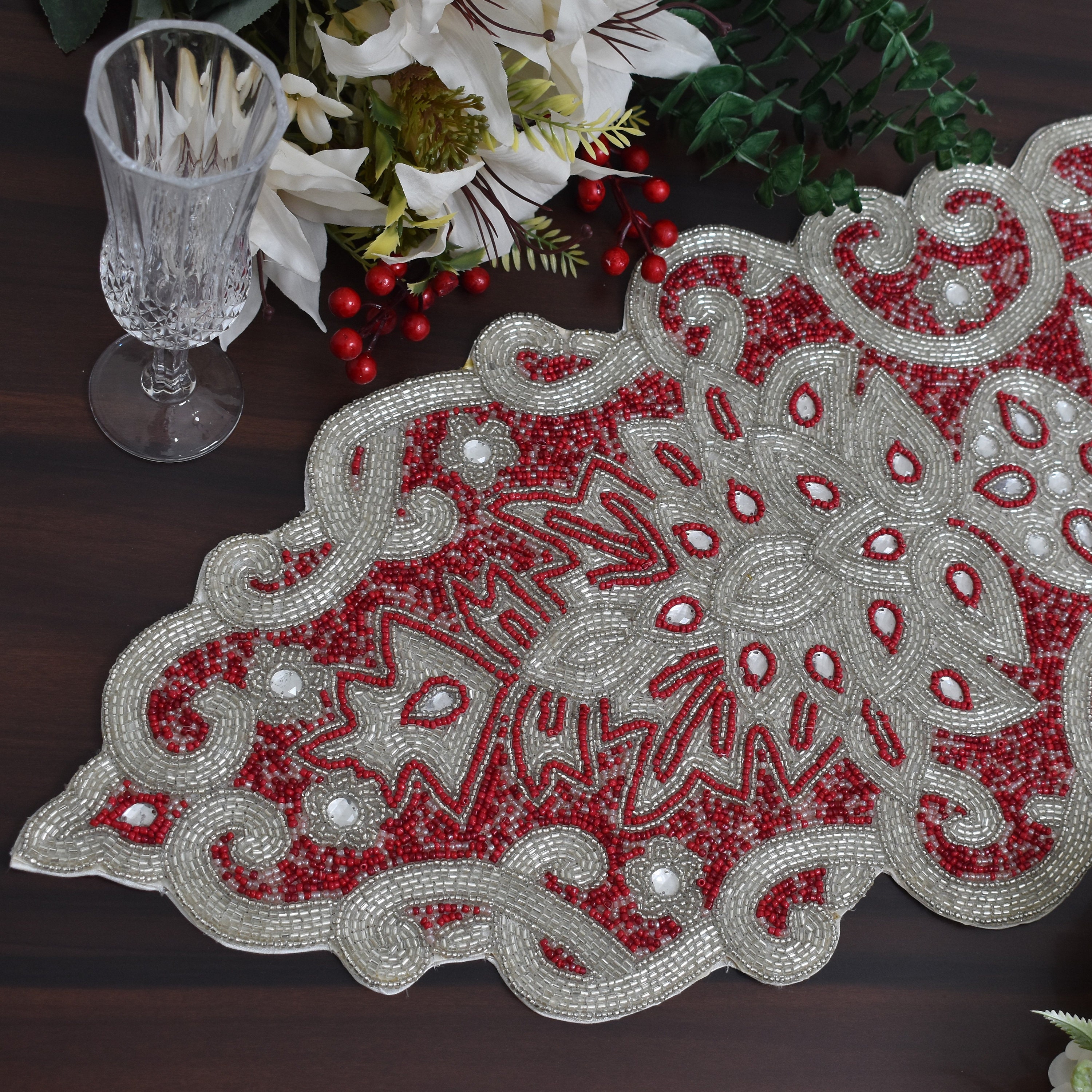 Handmade Table Runner, Beaded Table Runner, Christmas Red Silver Runner ...