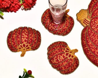 Set of 6/8/10/12 orange pumpkin beaded coasters, halloween drink coasters, beaded rounded coasters, gift for her, housewarming gift