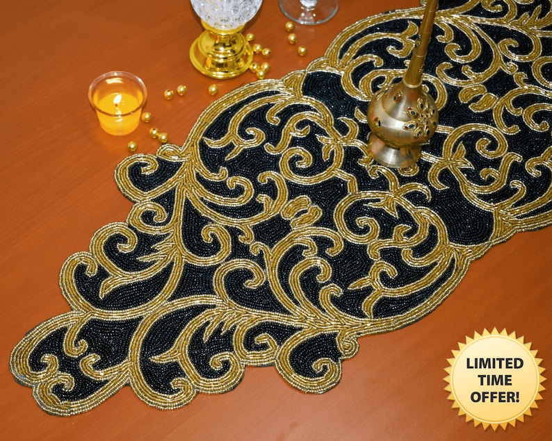 Black Gold Handmade Table Runner Gold and Black Hand Beaded - Etsy