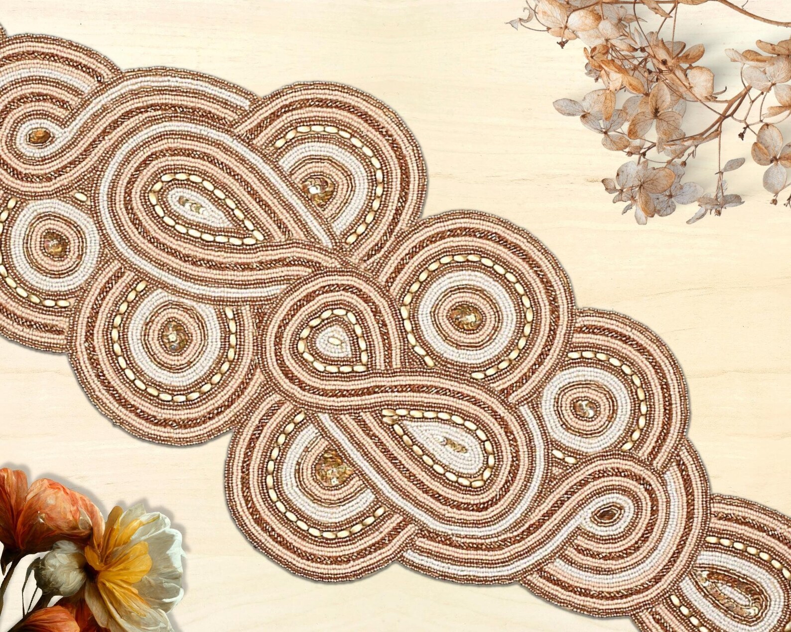 Table Runner Wool Chain Stitch Anmanari Brown ABR836 - Better World Arts main image 1