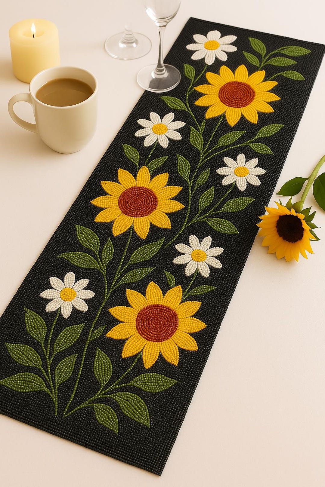 Sunflower Beaded Table Runner 13x36 | Handmade Beaded Daisy Runner ...