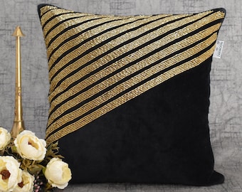ALL SIZES Black gold Beaded Pillow Cover Velvet Handmade Luxury Contemporary Beaded Embroidered Embellished Custom Accent Cushion Gift