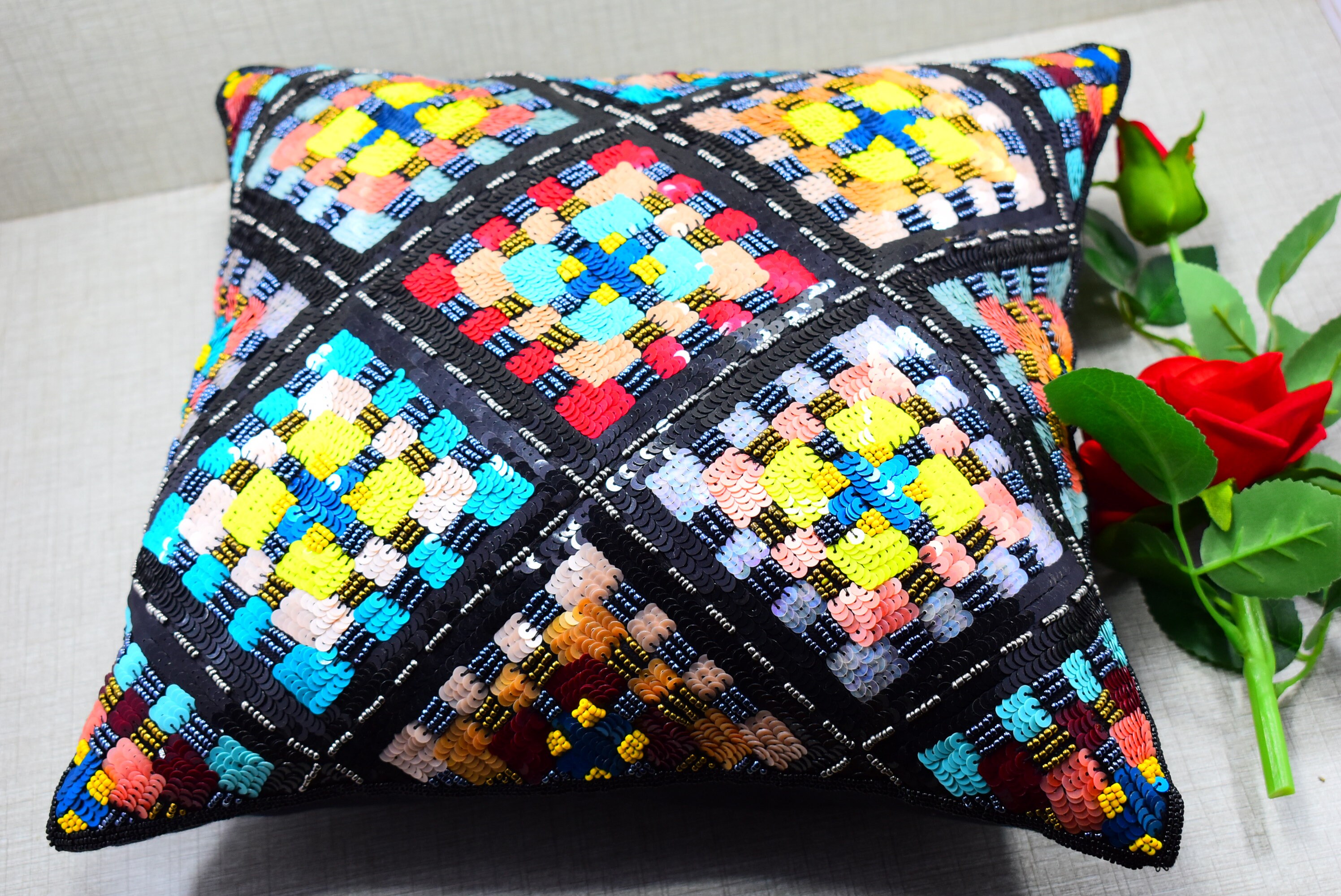 Multi Color Beaded Throw Pillow Cover Luxury Contemporary Etsy