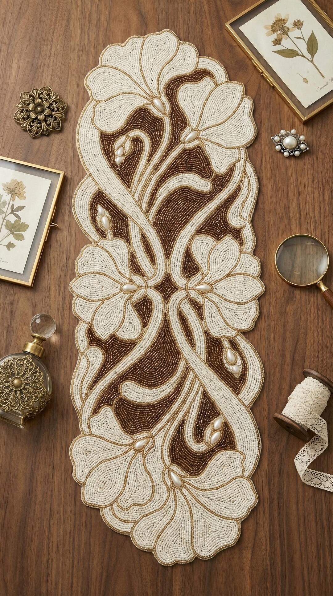 Art Nouveau Floral Beaded Table Runner - Cream & Gold Handmade 13x36 ...