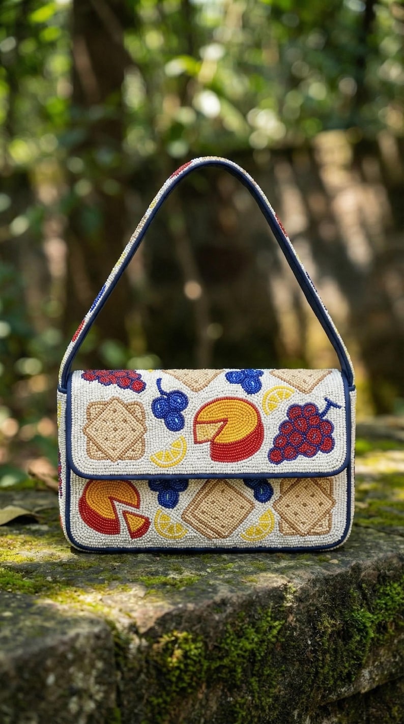 Charcuterie Board Hand-beaded Shoulder Bag - Cream, Navy Blue, Red and ...