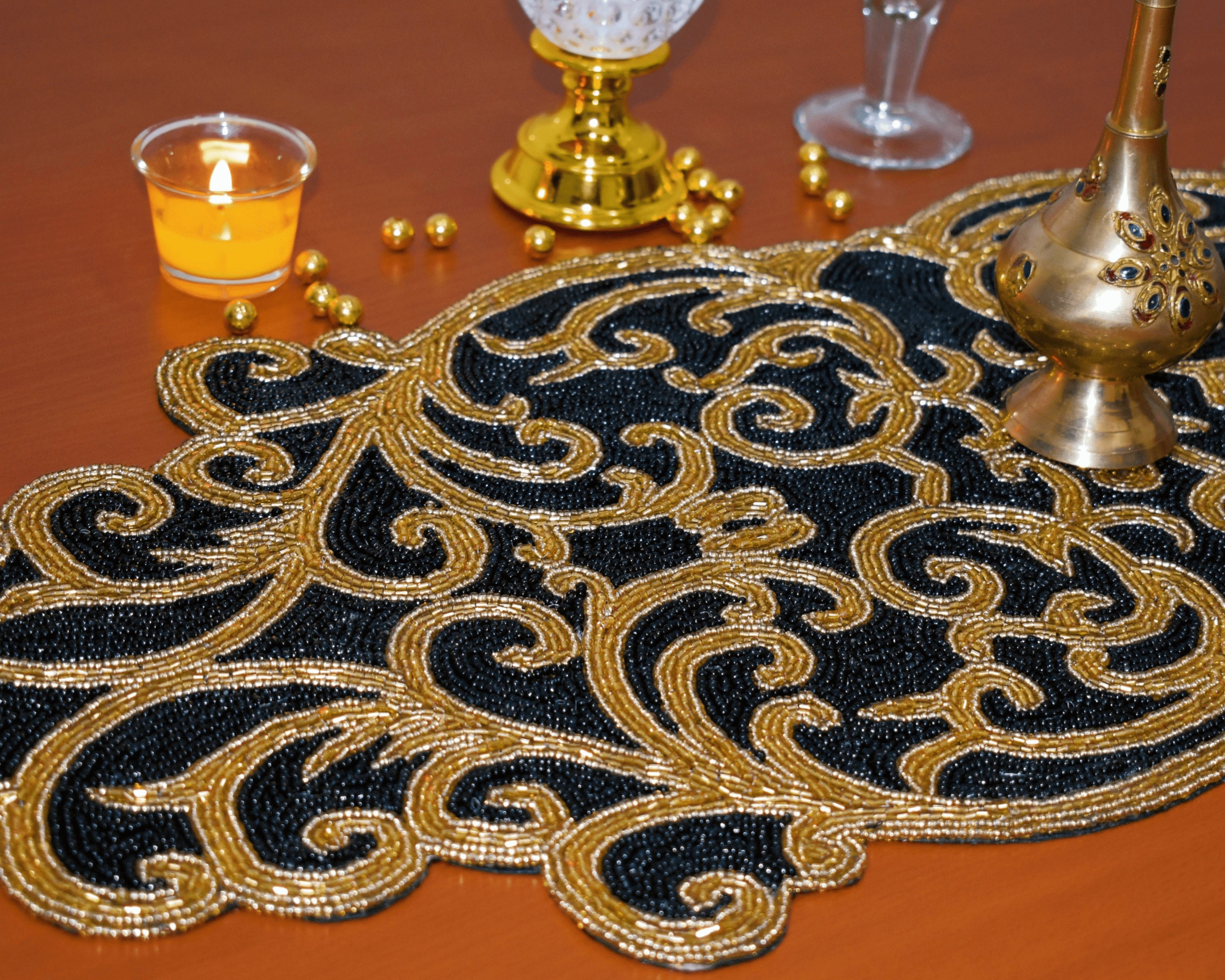 Black Gold Handmade Table Runner, Gold and Black, Hand Beaded Runner ...