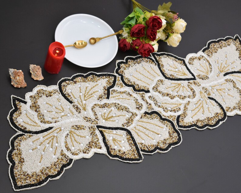 Handmade Table Runner Beaded Table Runner Cream Gold - Etsy