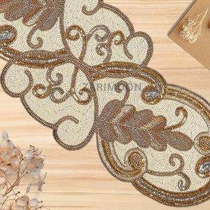 Luxury handmade table runner, beaded table runner, white and gold table mat beaded charger 13x36inch Gift