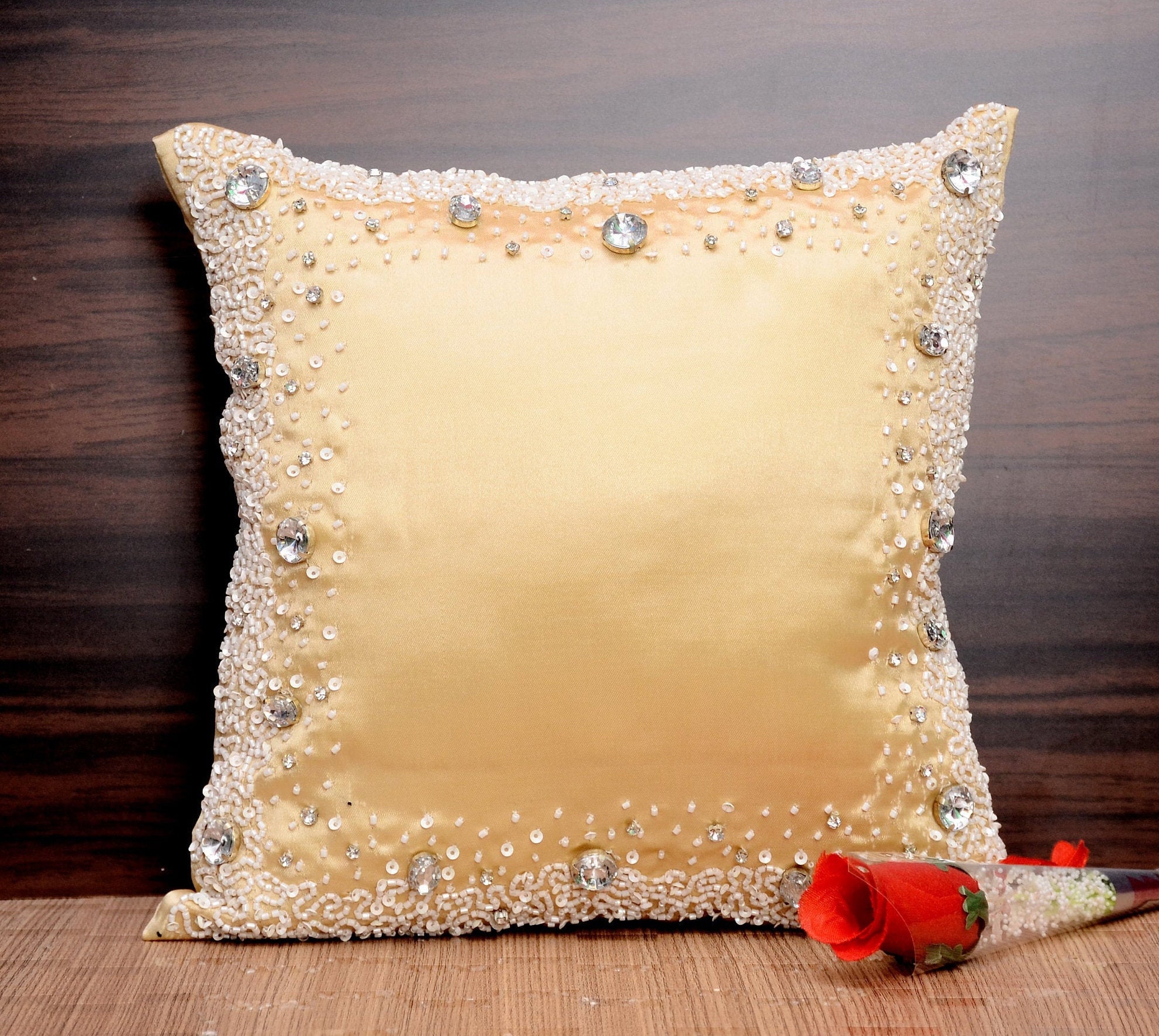 Gold White Beaded Crystal Throw Pillow Cover Luxury Etsy