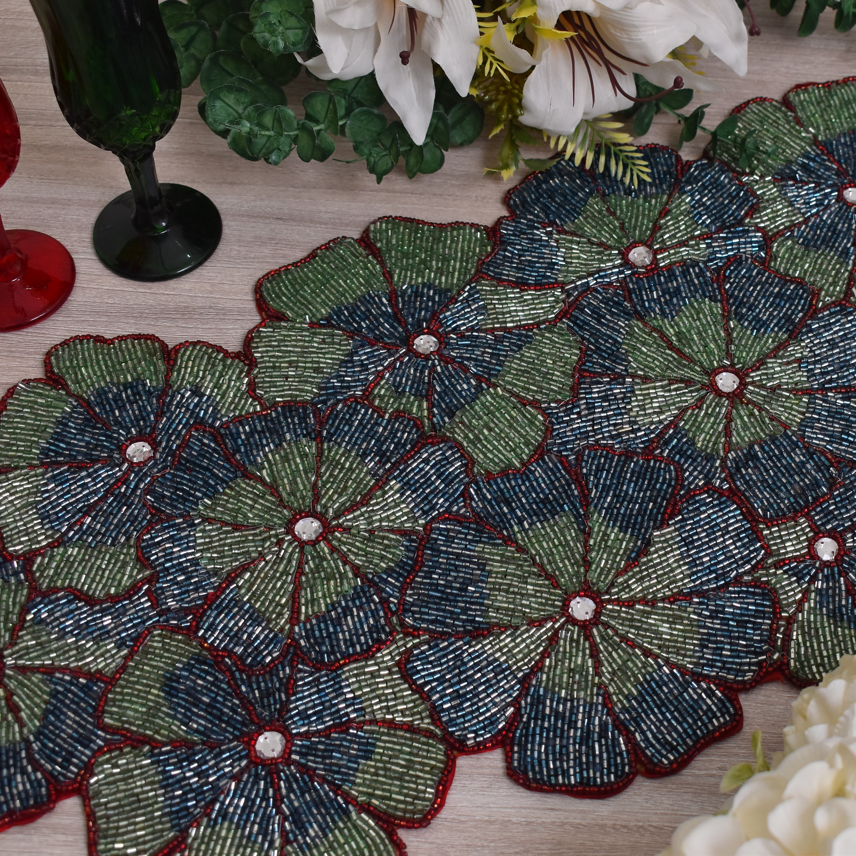 Handmade Table Runner, Beaded Table Runner, Floral Greenish Blue Multi ...