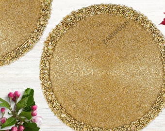 handmade beaded placemat, beaded charger, beaded table mat, gold centrepiece, gift for her, embroidered