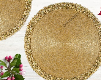 handmade beaded placemat, beaded charger, beaded table mat, gold centrepiece, gift for her, embroidered Gift