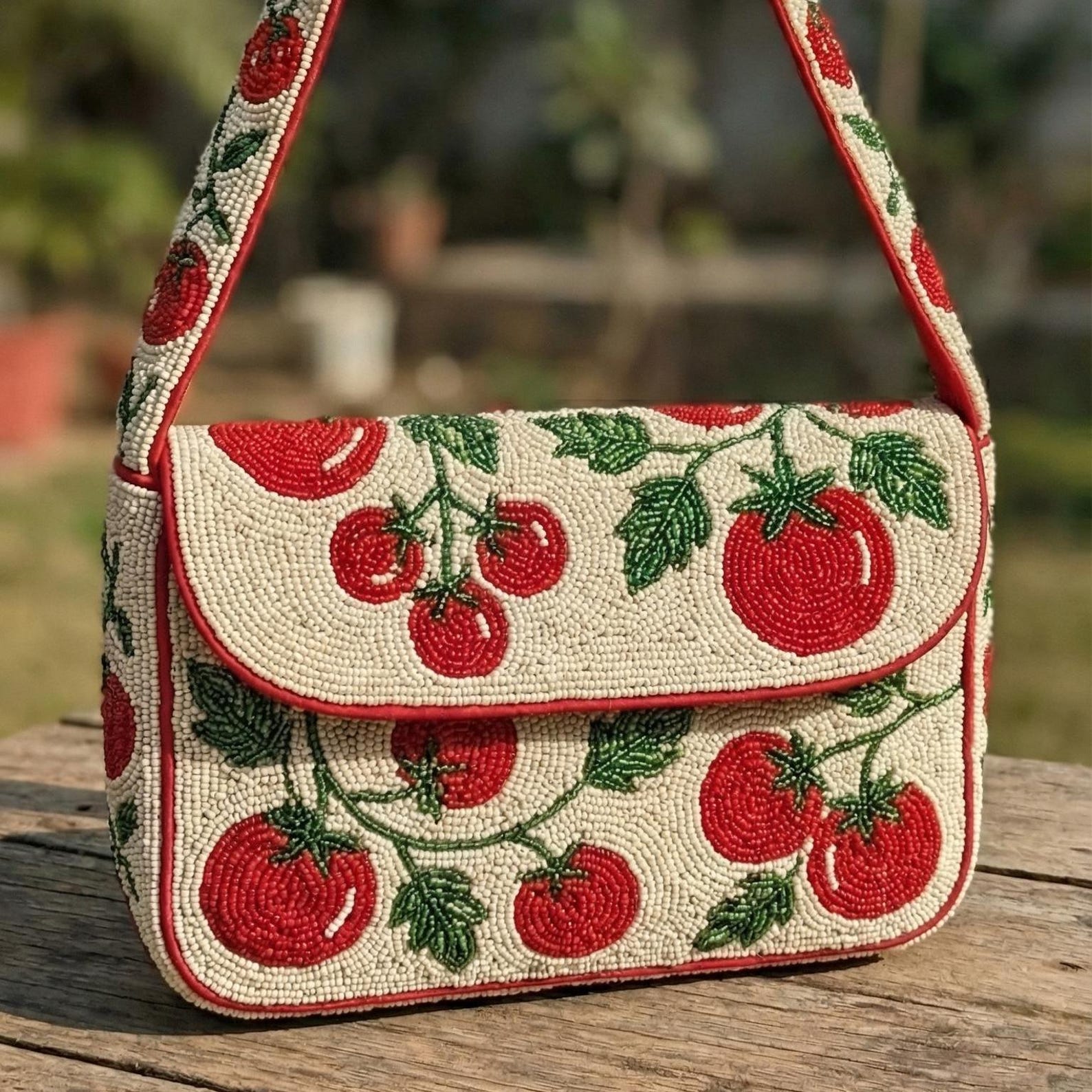 My Bridal Bag - beaded Tomato Beaded Handbag - Whimsical Vegetable Garden Seed Bead Purse - Retro Summer Shoulder Bag