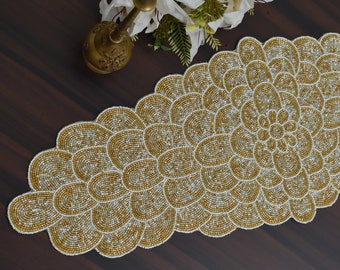 Handmade bead table runner, white and gold floral, luxury beaded mat, hand beaded runner, 13x36 inch runner