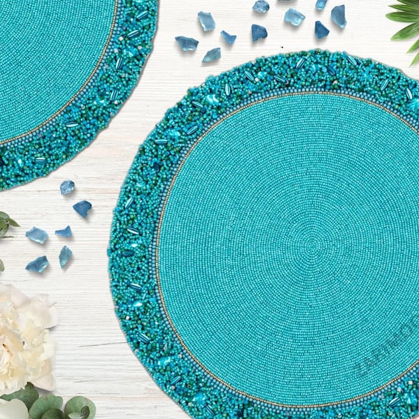 handmade bead placemat, beaded charger, beaded table mat, greenish blue centrepiece, gift for her, embroidered