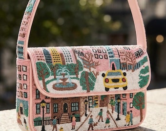 New York City Perlen Umhängetasche - Pink, Gelb, Grün und Braun Stadtbild Handtasche