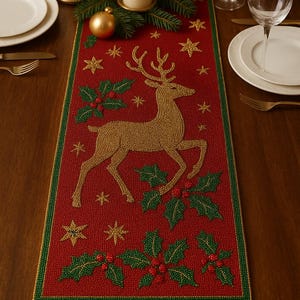 May include: Red beaded table runner with a gold reindeer, holly, and star design. The runner has a green border and is set on a wooden table with candles, plates, and wine glasses. Festive holiday decor.