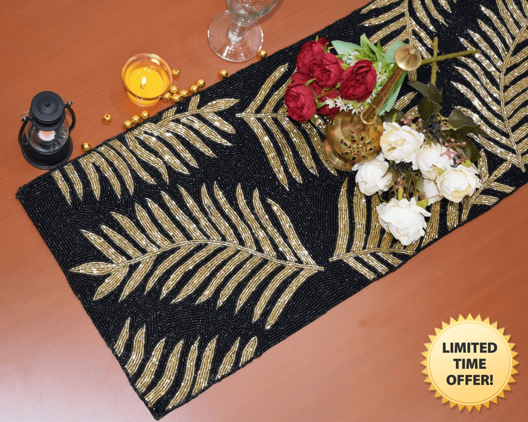 Black Gold Handmade Table Runner, Gold and Black, Hand Beaded Runner ...