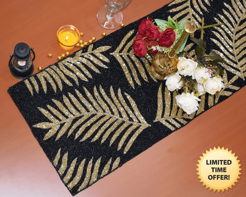 Black Gold Handmade Table Runner, Gold and Black, Hand Beaded Runner ...