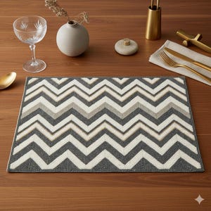 Puede incluir: Un mantel individual rectangular con un patrón de chevron en tonos grises, blancos y beige. El mantel individual está hecho de un material texturizado y está colocado sobre una mesa de madera. Decoración de comedor y mesa.