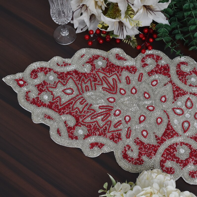 Handmade Table Runner, Beaded Table Runner, Christmas Red Silver Runner ...
